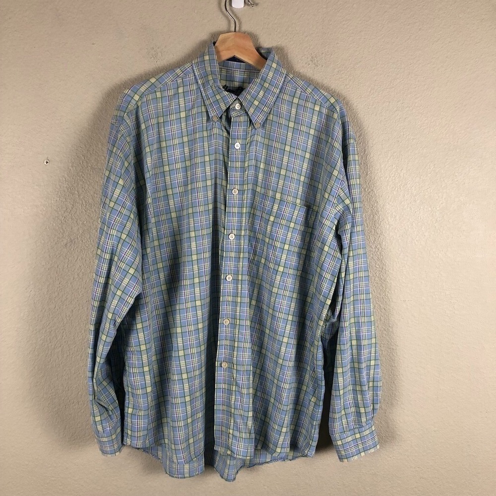 Alan Flusser Preppy Shirt Men X Large Blue Yellow Cotton Check Plaid Classic
